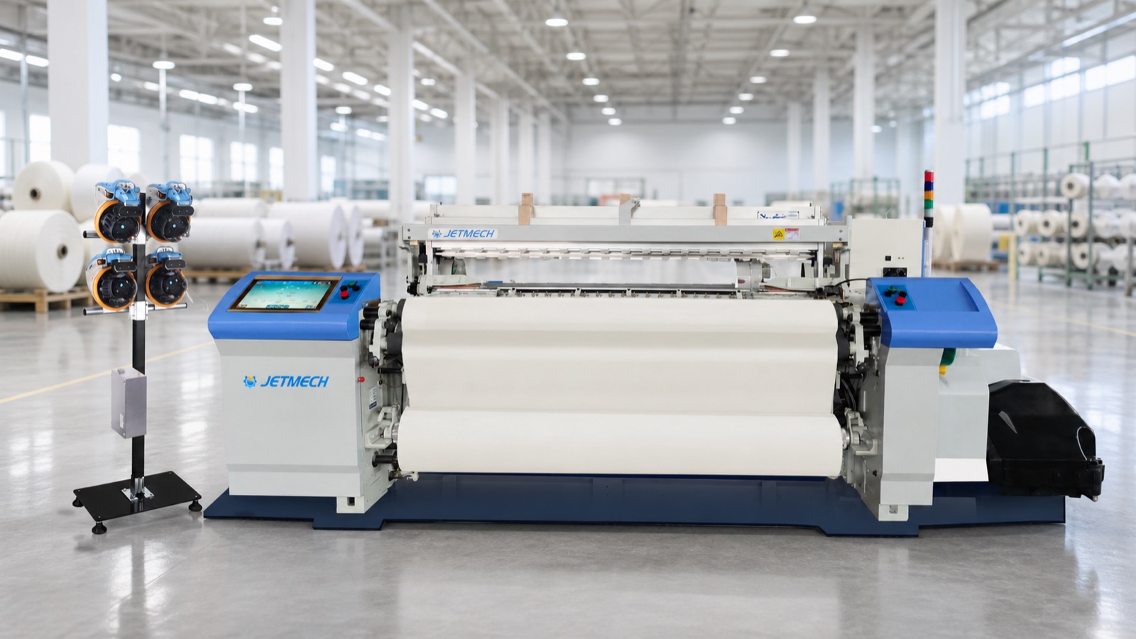 JETMECH airjet loom in a bright textile factory